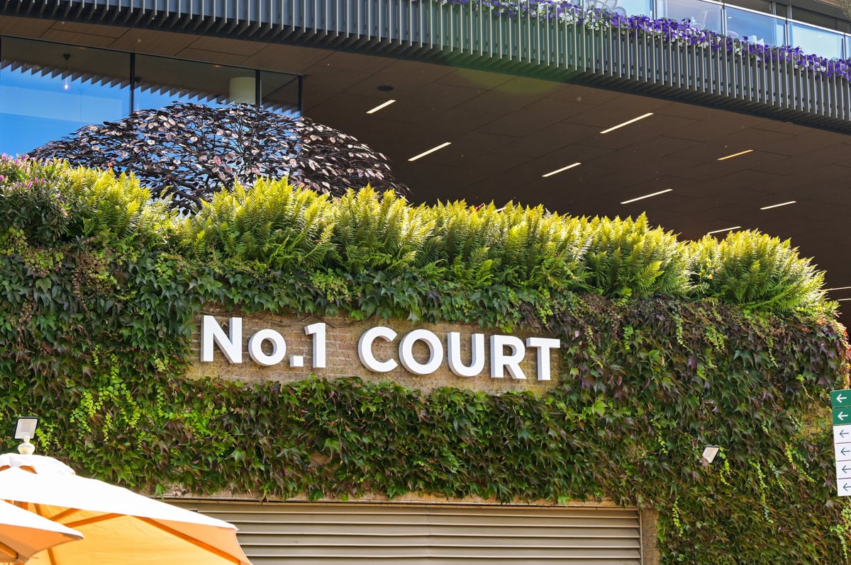 Wimbledon, London, England, UK - 4 July 2025: Close up view of the exterior of the No. 1 Court building from the public road outside the All England Lawn Tennis and Croquet Club to enter the ground.