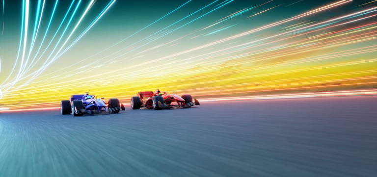 Two racing cars competing on a brightly lit track at sunset