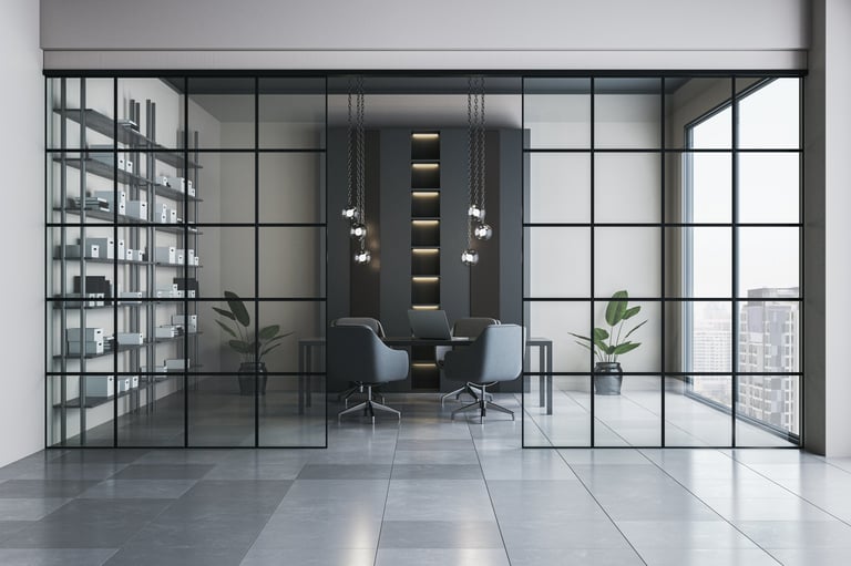 Elegant modern office interior with glass partition walls and city view