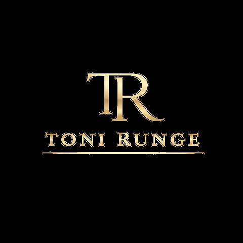 Toni Runge luxury fashion logo featuring elegant gold letters TR and brand name on black background
